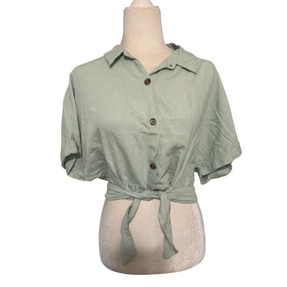 zara womens solid light green crop button down short sleeve top small - Picture 1 of 4